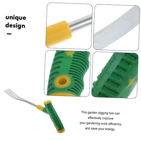 Versatile Garden Shovel And Pickaxe Set For Digging And Planting With Ergonomic Handle close-up on green handle and metal head