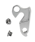 Universal Derailleur Hanger Replacement Fits A Wide Range Of Bikes From Haro Trek Jamis Focus Fuji Kona Motobecane Iron Horse And More Bolt On Silver Finish With Bolts Ride Ready, showing hanger and bolts.