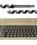 Top Shelf 8 Piece 18 Inch Auger Drill Bit Set For Wood With Screw Points Self Feeding High Carbon Steel in wooden case.