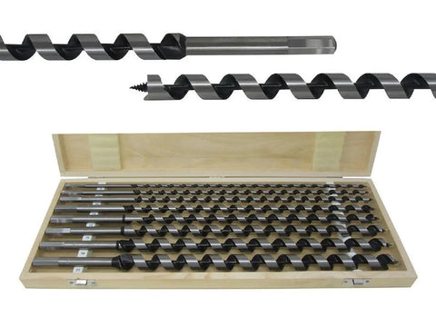Top Shelf 8 Piece 18 Inch Auger Drill Bit Set For Wood With Screw Points Self Feeding High Carbon Steel in wooden case.
