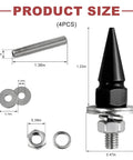 Badass Spike License Plate Screws For Cars, Slick Auto Tag Bolts For Trucks And Suvs, Tight Anti Theft Aluminum Alloy Mounting Hardware, Dope Black Fasteners Four Piece Set with measurements.