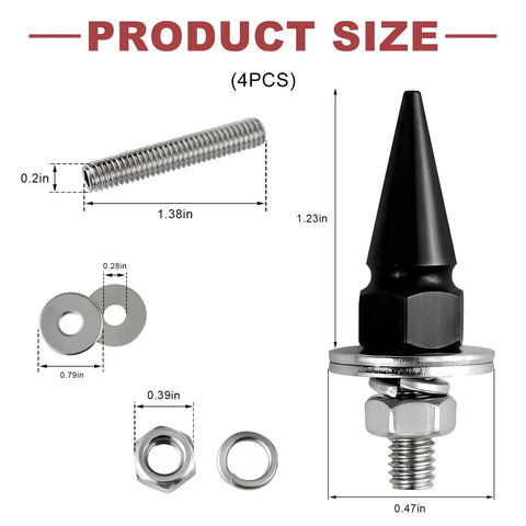 Badass Spike License Plate Screws For Cars, Slick Auto Tag Bolts For Trucks And Suvs, Tight Anti Theft Aluminum Alloy Mounting Hardware, Dope Black Fasteners Four Piece Set with measurements.