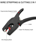 Automatic Wire Stripper And Cutter 2 In 1 For 32-7 AWG Wires with detailed labeled parts including handle, cutter, and blades.