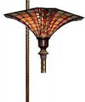 Large Amber Gold Stained Glass Torchiere Lamp With Red Accent Detailing Handcrafted Shade, 72 Inch Floor Lamp with Bronze Base