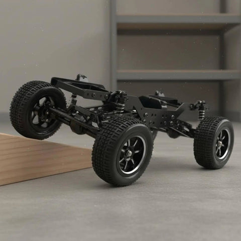 12-Scale RC Aluminum Alloy Chassis Kit for DIY Electric Car Build with sturdy black frame shown climbing a wooden ramp