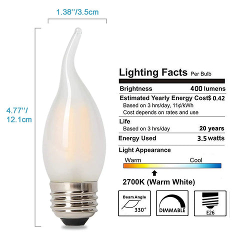 LED Filament Chandelier Bulbs 40 Watt Equivalent Frosted Glass Dimmable E26 Candle Light 2700K Warm Glow with dimensions