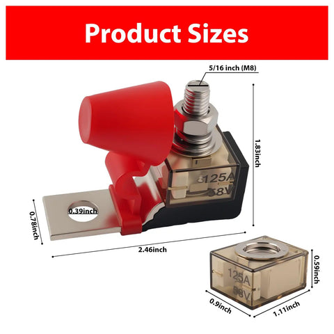 Heavy Duty 125A MRBF Terminal Fuse Block For 58V DC Systems Featuring Single M8 Stud Easy Bolt On Install showing sizes and dimensions.