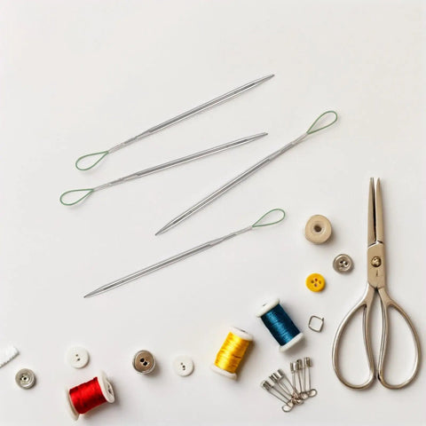 5 Piece Metal Drawstring Threader Kit For Hoodies And Garments Portable Elastic Cord Insertion Tool shown with sewing supplies