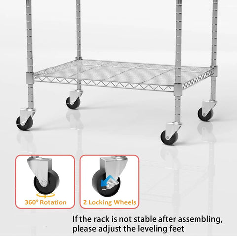Beefy Rolling Garage Shelving Unit With Wheels 5 Tier Adjustable Wire Rack Durable Steel Storage For Kitchen Office Garage And Workshop 865 Pound Capacity Easy Mobility With Adjustable Feet Chrome Finish with locking casters and leveling feet