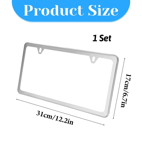 Slick Stainless Steel License Plate Frame Slim Style Two Hole Mount Polished Finish with metal screws, dimensions 31x17 cm