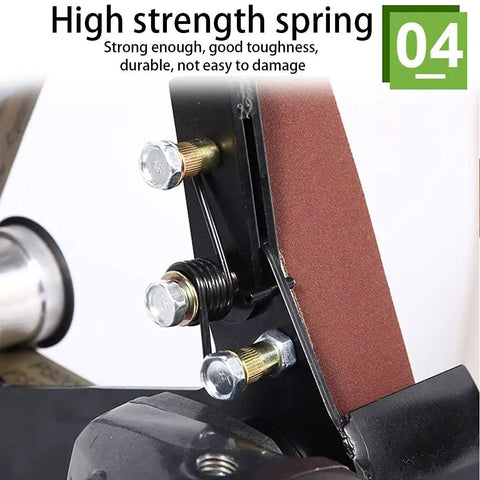 Close-up of high strength spring on belt sander attachment kit for angle grinder, showing bolts and sanding belt.