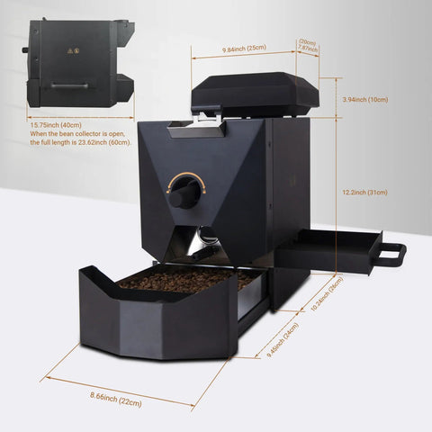 Roll With This Dope Electric Coffee Bean Roaster Bringing You 500g Capacity with dimensions and bean collector view.