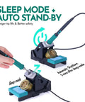 Pro Grade Soldering And Hot Air Rework Station With 992D III Iron showing sleep mode function with durable handpiece on stand