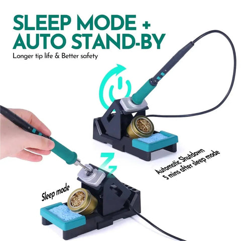 Pro Grade Soldering And Hot Air Rework Station With 992D III Iron showing sleep mode function with durable handpiece on stand