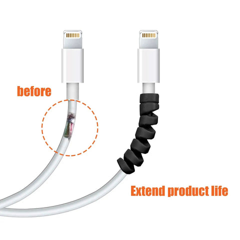 12 Piece Silicone Spiral Charging Cable Protectors For Micro USB And USB Cords, black protector on cable extending product life