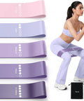 Five Band Resistance Set For Home Workouts With Five Elastic Loop Bands For Strength Training Stretching Pilates Yoga Physical Therapy And Full Body Leg Glute Arm Workouts For Women And Men with a woman using them in a squat position.