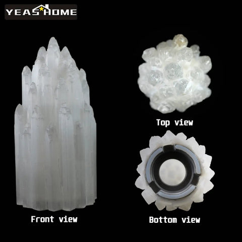 Front, top, and bottom views of Handcrafted Selenite Lamp With Mountain Peak Design, Dimmable Bedside Night Light