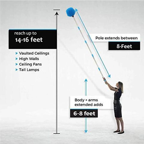 Woman using Stainless Steel Pole Cobweb Duster With 4Ft Extendable Reach And Medium Stiff Bristles for high ceilings cleaning