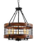 Farmhouse Chandelier For Dining Room And Kitchen Island, 5 Light Rustic Round Wood And Metal Lighting Fixture, Dope Industrial Entryway Pendant Lamp With Black Iron Accents And Natural Wood Texture