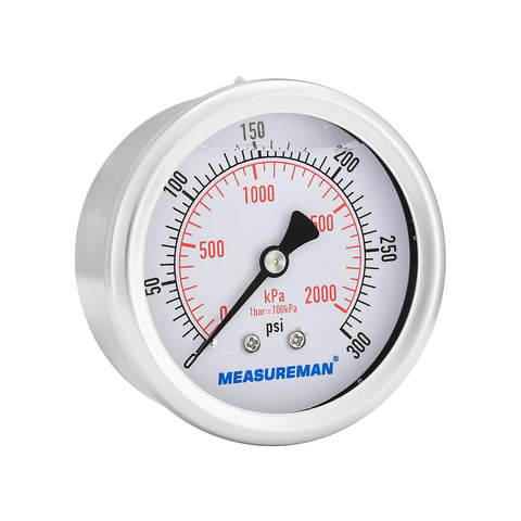 2.5 Inch Dial Liquid Filled Pressure Gauge For Air, Water, And Pneumatics, 0 To 300 PSI And 2000 KPa, 304 Stainless Steel Case
