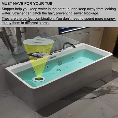 Gray silicone bathtub stopper and drain filter set in use in a filled bathtub, shown catching hair and preventing clogs.