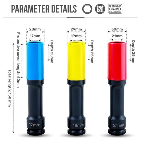 3-Piece 1/2-Inch Drive Deep Impact Socket Kit With 17 19 And 21mm Hex Bits For Auto Repair That Keeps You Moving Fast In The Shop Or On The Road Without Breaking The Bank. 17, 19, 21mm Cr-Mo sockets shown