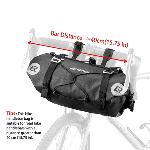 Black Built To Last Bikepacking Handlebar Bag 7 To 14 Liter Waterproof Dry Pack on road bike with handlebar distance instructions