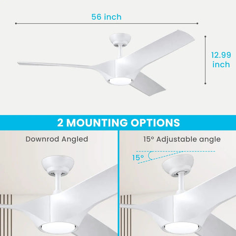 56 Inch Ceiling Fan With Lights Remote Control Dimmable LED Light Reversible DC Motor Indoor Outdoor White Ceiling Fan For Patio Bedroom And Living Room Modern Design showing 2 mounting options and dimensions