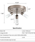 Diagram of Four-Head Modern Track Lighting Kit with product dimensions and brushed nickel finish, 360 spin, 90 tilt.