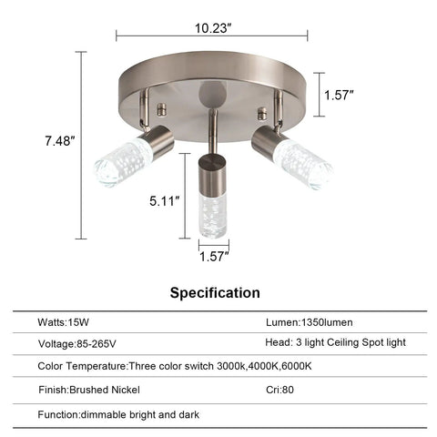 Diagram of Four-Head Modern Track Lighting Kit with product dimensions and brushed nickel finish, 360 spin, 90 tilt.