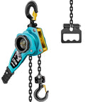 Manual Lever Chain Hoist 3/4 Ton Capacity with 5 Ft chain, heavy-duty hooks, and blue finish, shown in close-up view.