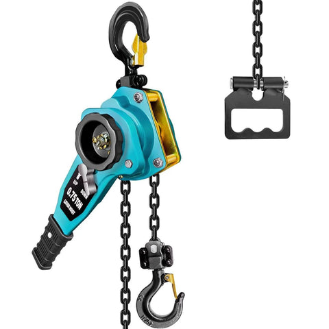Manual Lever Chain Hoist 3/4 Ton Capacity with 5 Ft chain, heavy-duty hooks, and blue finish, shown in close-up view.