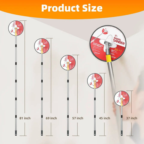 Product size comparison showing 9 Inch Drywall Sander With 81 Inch Extension Pole Kit Aluminum Connector in various lengths.