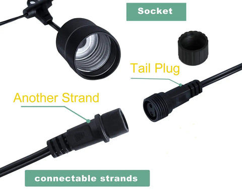 Close-up of socket and plug from 30-Foot Cool White LED Outdoor String Lights With 10 Hanging Sockets, connectors visible