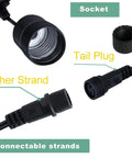 60Ft Low Voltage Cool White Outdoor LED String Lights With 20 Hanging Sockets Waterproof Festoon Lighting connections close-up