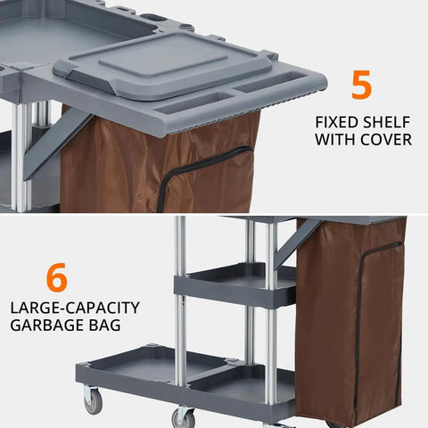 Built Different Heavy Duty Three Shelf Janitorial Cart With Roller Wheels And Secure Protective Cover, featuring fixed shelf and large garbage bag.