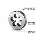 Heavy Duty M12x1.25 Right Hand HSS Tap And Die Set For Metal Threading Repair Work Creating Clean Accurate Threads On Bolts Nuts And Components With Durable High Strength Steel Construction You Can Count On. M12 x 1.25 HSS die