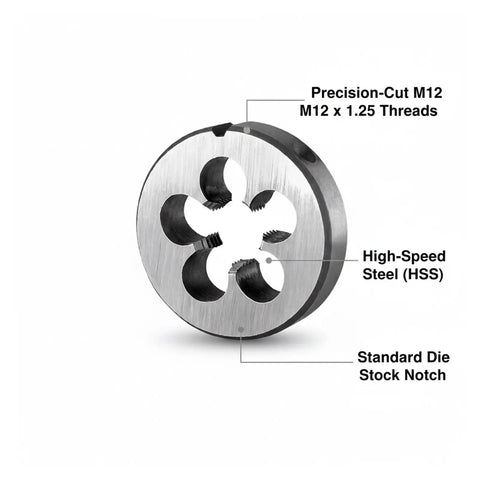 Heavy Duty M12x1.25 Right Hand HSS Tap And Die Set For Metal Threading Repair Work Creating Clean Accurate Threads On Bolts Nuts And Components With Durable High Strength Steel Construction You Can Count On. M12 x 1.25 HSS die
