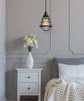 Industrial Edison Pendant Light 2 Pack With Adjustable 47.2 Inch Cord And Cage Shade E26 E27 Base in bedroom setting