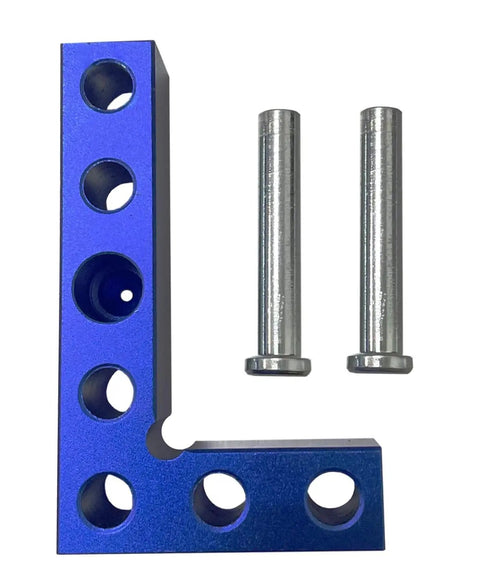 Heavy Duty Woodworking Square And Center Finder With An 11 32 Marking Hole Designed To Nail Down Precise Layouts And Verify Edge Alignment Dead Straight Today, blue aluminum square with silver metal pins.