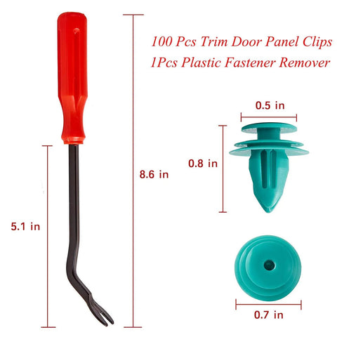 100 Piece Heavy Duty Nylon Trim Door Panel Retainer Clips with Quick Release Tool, 8.6 in prying tool and clips.