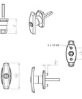 Technical drawing of Keyed Alike T Handle Lock Set With Two Inch Shaft And One Half Inch Thread Includes Two K127 Keys dimensions.