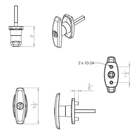 Technical drawing of Keyed Alike T Handle Lock Set With Two Inch Shaft And One Half Inch Thread Includes Two K127 Keys dimensions.