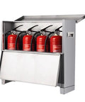 Heavy Duty Cold Rolled Steel Fire Extinguisher Cabinet Dual Grip Surface Mounted Outdoor Storage Box For Commercial And Industrial Facilities Built Like A Tank No Nonsense Safety Gear Silver with fire extinguishers.