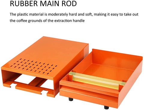 Stainless Steel Coffee Knock Box With A Roomy Detachable Bin And Cushioned Knock Bar For Slick Espresso Tamping Station Vibes That Quiets The Grind And Keeps Your Barista Setup Pristine, featuring an orange plastic main rod and detachable drawer.