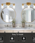 Brushed Brass 3 Light Vanity Light With Clear Glass Shades, Modern Farmhouse Wall Mount Fixture For Bathroom, Easy Install shown