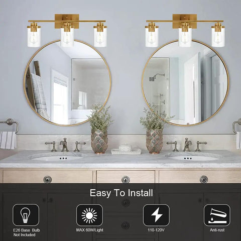 Brushed Brass 3 Light Vanity Light With Clear Glass Shades, Modern Farmhouse Wall Mount Fixture For Bathroom, Easy Install shown