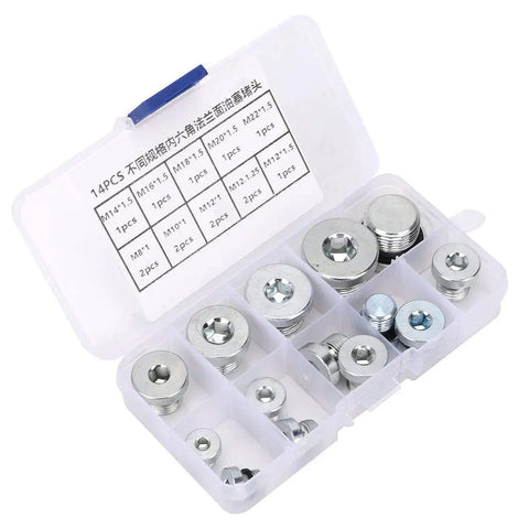 Ultimate FTVOGUE 14 Piece Oil Pan Drain Plug Set With Assorted Hex Socket Sizes Made From Tough Carbon Steel For Garage And Workshop DIY Repairs in storage box
