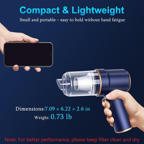 Handheld Car Vacuum Cleaner With 9000Pa Suction, 120W High Power, compact design, compared to smartphone for size reference.