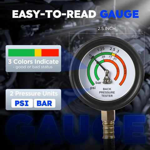 Exhaust back pressure tester kit with 2.5-inch dial gauge, 6 ft hose, carrying case; color-coded indicator; Amazon brand